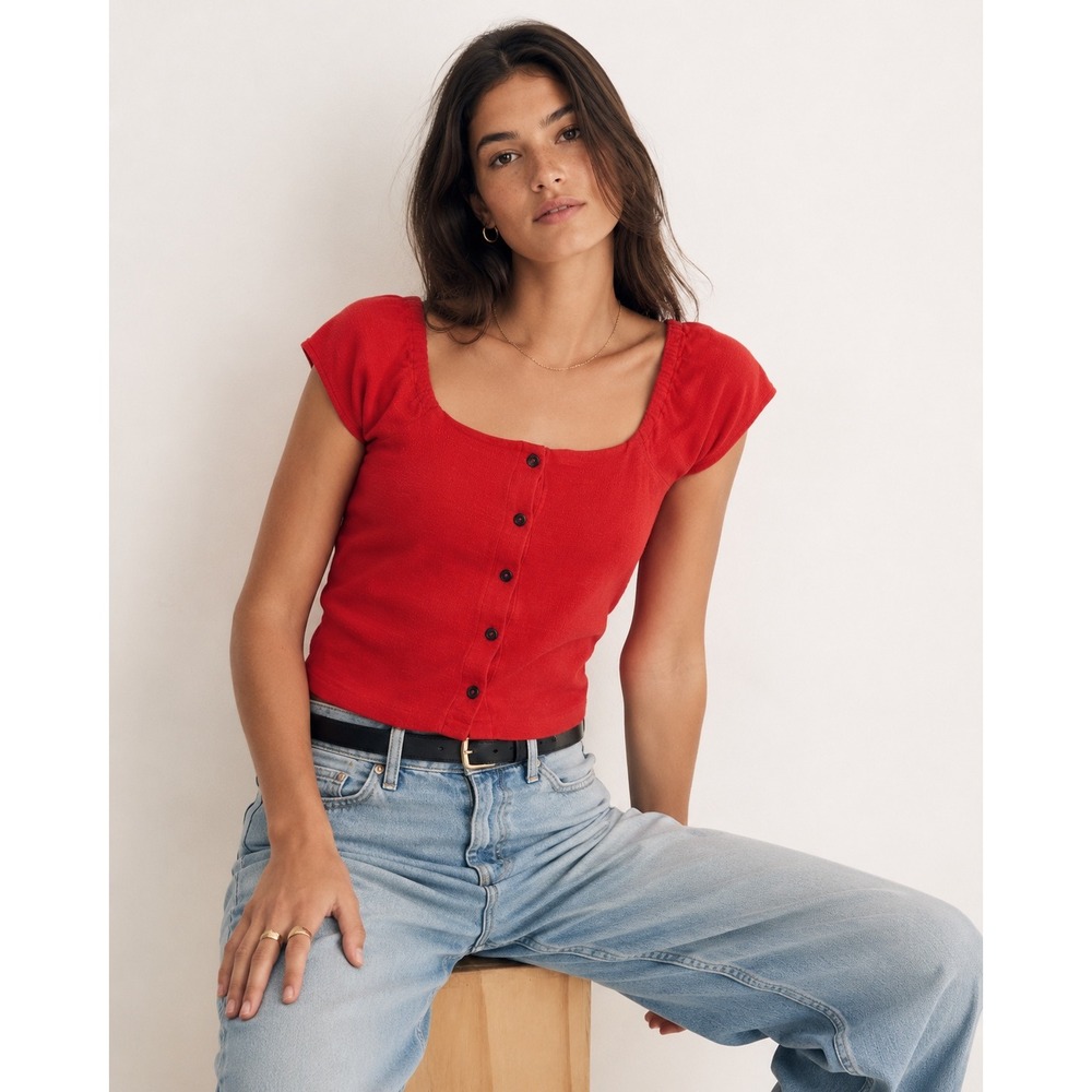 Madewell Texture & Thread Red Cotton Button Front Cap Sleeve Top Large